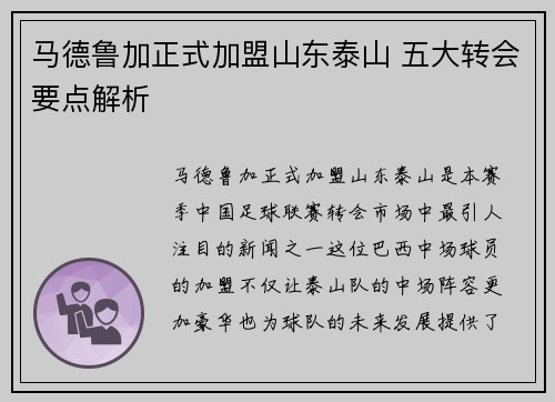 马德鲁加正式加盟山东泰山 五大转会要点解析